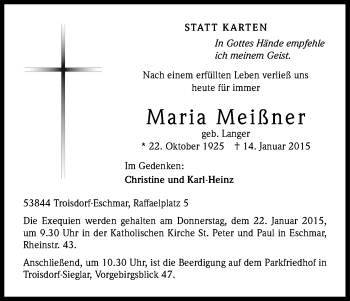 Anzeige von Maria Meißner von Kölner Stadt-Anzeiger / Kölnische Rundschau / Express