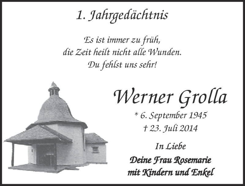  Traueranzeige für Werner Grolla vom 22.07.2015 aus  Kölner Wochenspiegel 