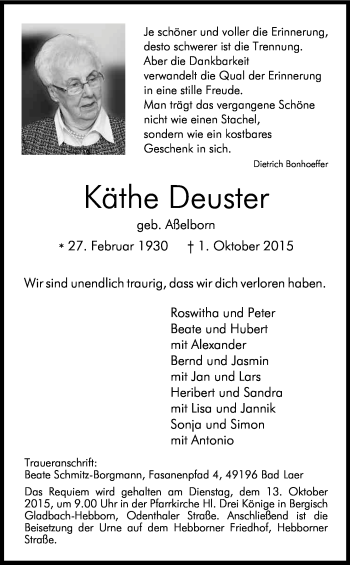 Anzeige von Käthe Deuster von Kölner Stadt-Anzeiger / Kölnische Rundschau / Express
