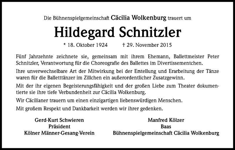  Traueranzeige für Hildegard Schnitzler vom 10.12.2015 aus Kölner Stadt-Anzeiger / Kölnische Rundschau / Express