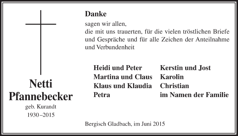  Traueranzeige für Netti Pfannebecker vom 24.06.2015 aus  Bergisches Handelsblatt 
