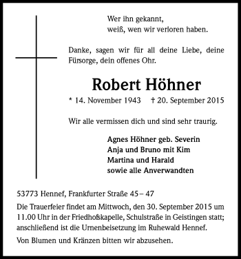 Anzeige von Robert Höhner von Kölner Stadt-Anzeiger / Kölnische Rundschau / Express