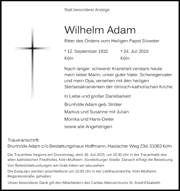 Anzeige von Wilhelm Adam von Kölner Stadt-Anzeiger / Kölnische Rundschau / Express