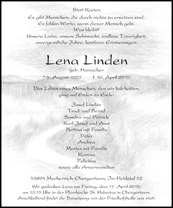 Anzeige von Lena Linden von Kölner Stadt-Anzeiger / Kölnische Rundschau / Express
