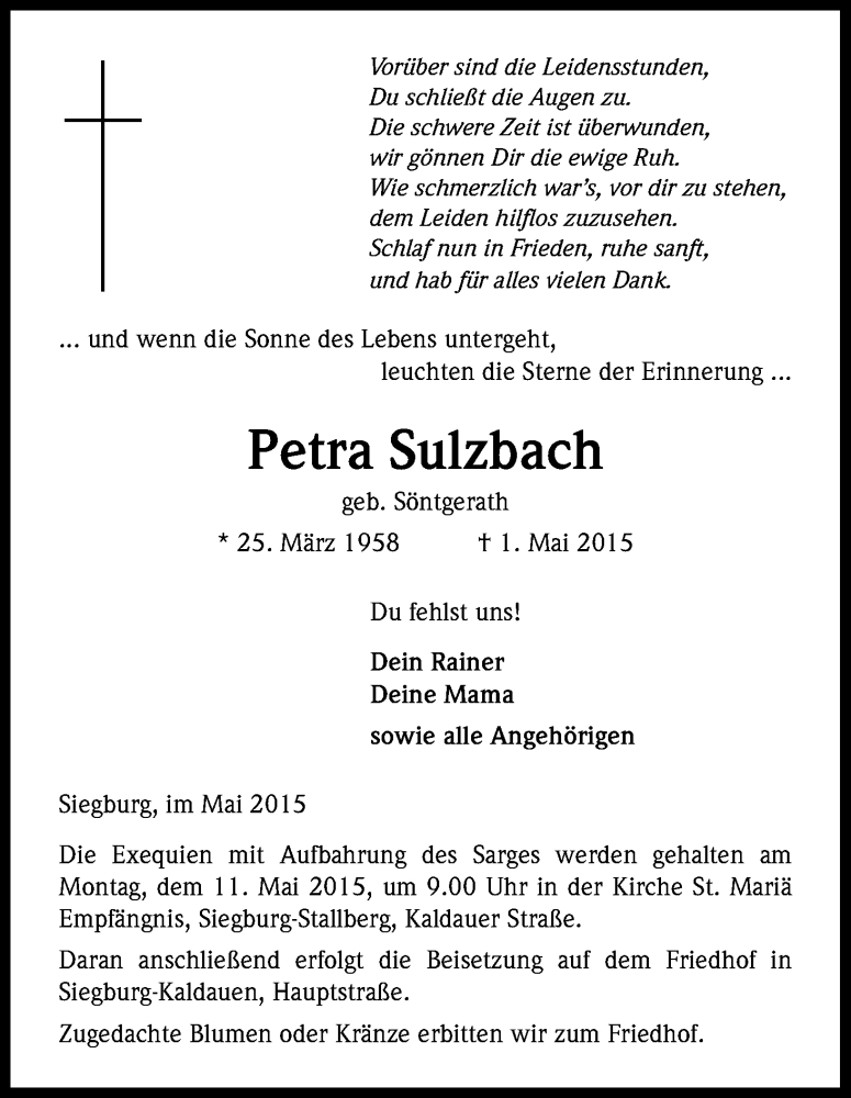  Traueranzeige für Petra Sulzbach vom 07.05.2015 aus Kölner Stadt-Anzeiger / Kölnische Rundschau / Express