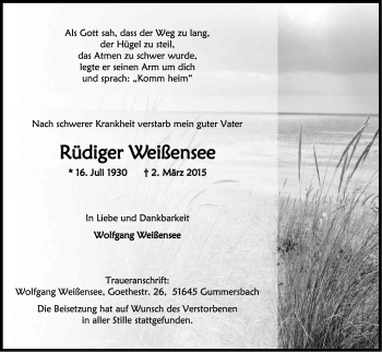 Anzeige von Rüdiger Weißensee von Kölner Stadt-Anzeiger / Kölnische Rundschau / Express