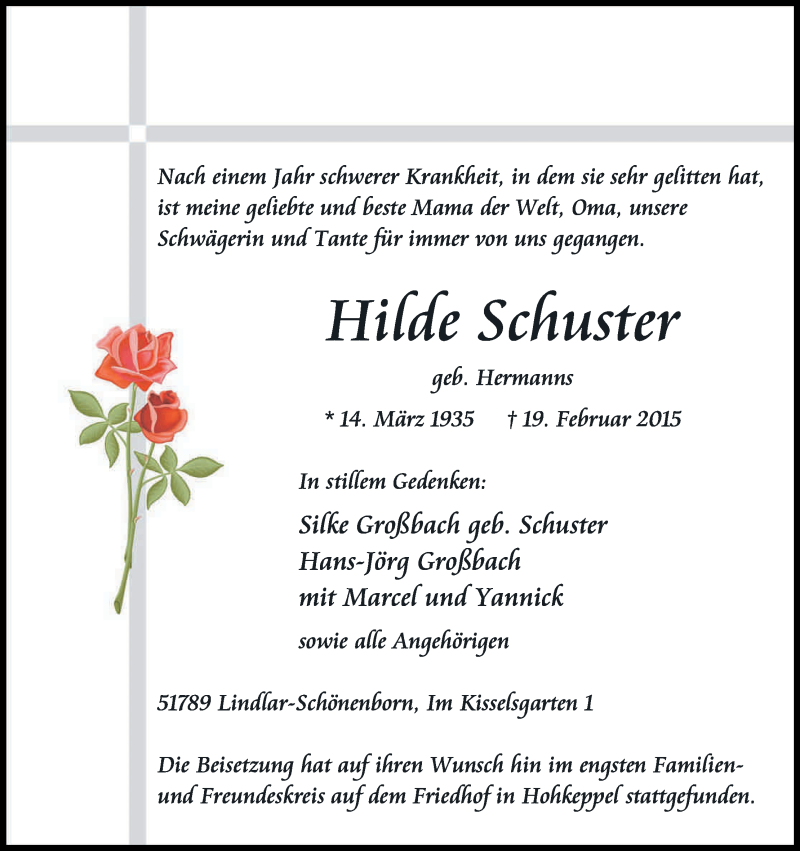  Traueranzeige für Hilde Schuster vom 28.02.2015 aus Kölner Stadt-Anzeiger / Kölnische Rundschau / Express