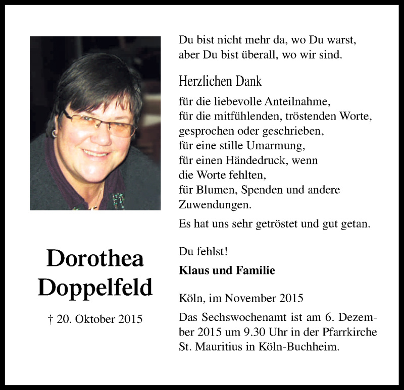  Traueranzeige für Dorothea Doppelfeld vom 28.11.2015 aus Kölner Stadt-Anzeiger / Kölnische Rundschau / Express