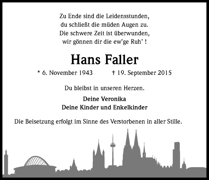  Traueranzeige für Hans Faller vom 26.09.2015 aus Kölner Stadt-Anzeiger / Kölnische Rundschau / Express
