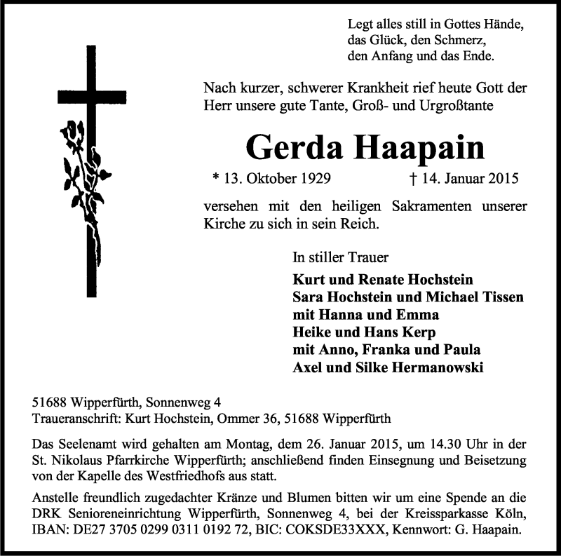  Traueranzeige für Gerda Haapain vom 17.01.2015 aus Kölner Stadt-Anzeiger / Kölnische Rundschau / Express