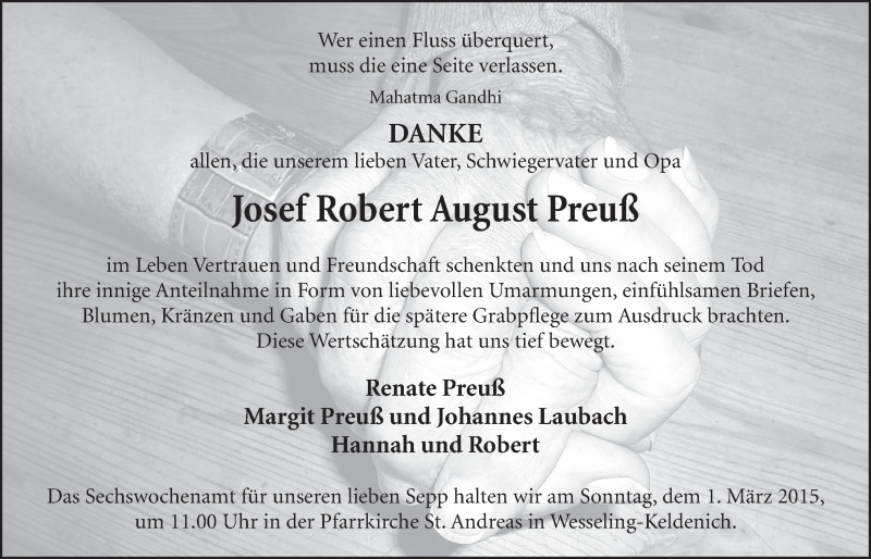  Traueranzeige für Josef Robert August Preuß vom 18.02.2015 aus  Schlossbote/Werbekurier 