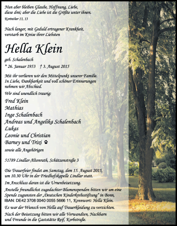 Anzeige von Hella Klein von Kölner Stadt-Anzeiger / Kölnische Rundschau / Express