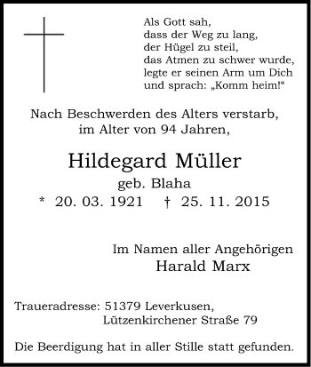 Anzeige von Hildegard Müller von Kölner Stadt-Anzeiger / Kölnische Rundschau / Express