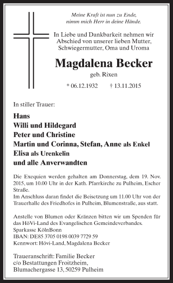 Anzeige von Magdalena Becker von  Wochenende 