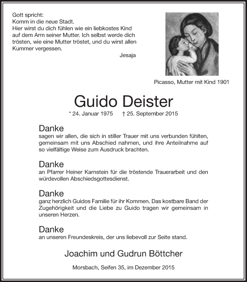  Traueranzeige für Guido Deister vom 02.12.2015 aus  Lokalanzeiger 