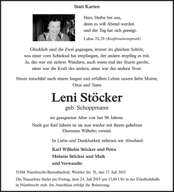 Anzeige von Leni Stöcker von  Anzeigen Echo  Lokalanzeiger 