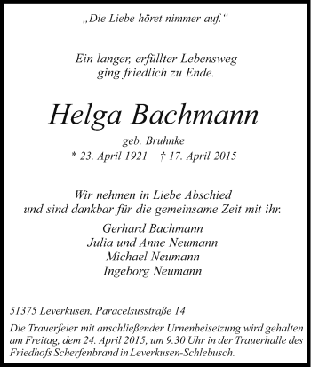 Anzeige von Helga Bachmann von Kölner Stadt-Anzeiger / Kölnische Rundschau / Express
