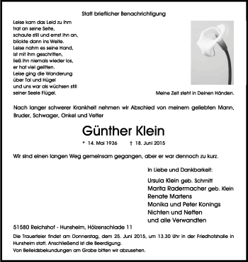 Anzeige von Günther Klein von Kölner Stadt-Anzeiger / Kölnische Rundschau / Express