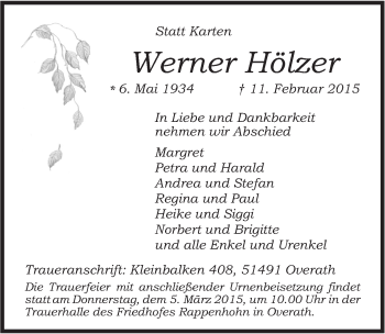 Anzeige von Werner Hölzer von  Bergisches Sonntagsblatt 