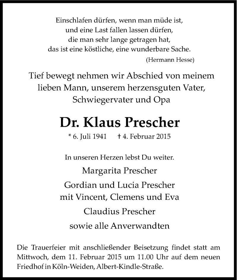  Traueranzeige für Klaus Prescher vom 07.02.2015 aus Kölner Stadt-Anzeiger / Kölnische Rundschau / Express
