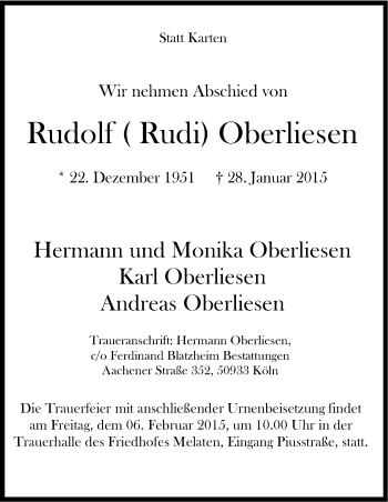 Anzeige von Rudolf Oberliesen von Kölner Stadt-Anzeiger / Kölnische Rundschau / Express