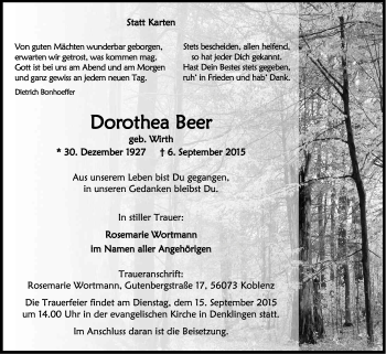 Anzeige von Dorothea Beer von Kölner Stadt-Anzeiger / Kölnische Rundschau / Express