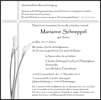 Anzeige von Marianne Schneppel von Köln - Wir Trauern