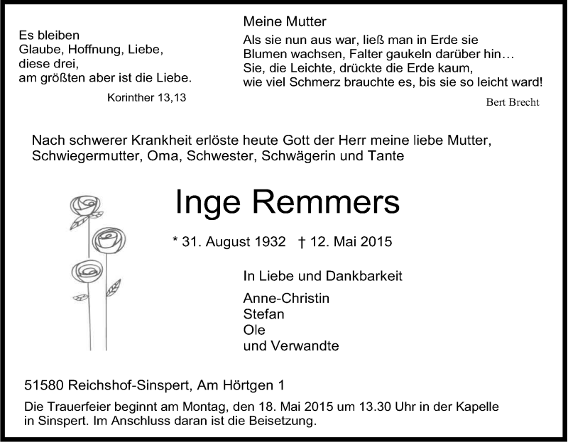  Traueranzeige für Inge Remmers vom 16.05.2015 aus Kölner Stadt-Anzeiger / Kölnische Rundschau / Express
