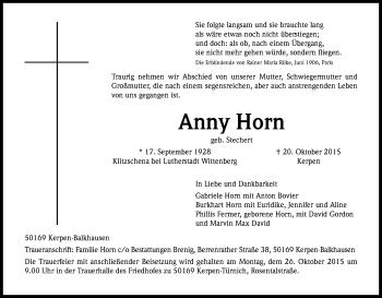 Anzeige von Anny Horn von Kölner Stadt-Anzeiger / Kölnische Rundschau / Express