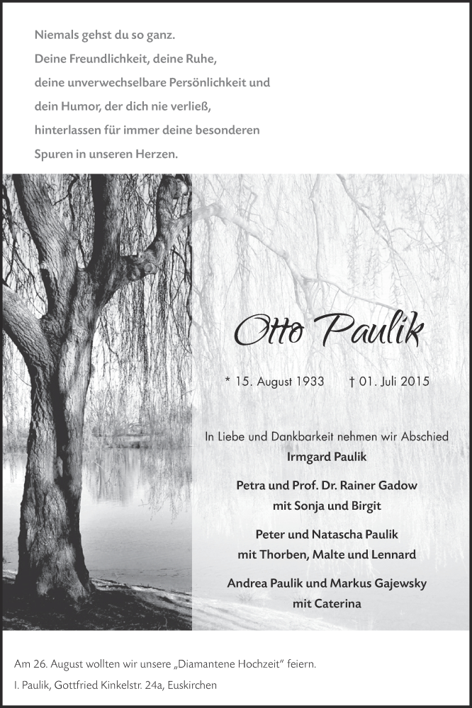  Traueranzeige für Otto Paulik vom 19.07.2015 aus  Blickpunkt Euskirchen 