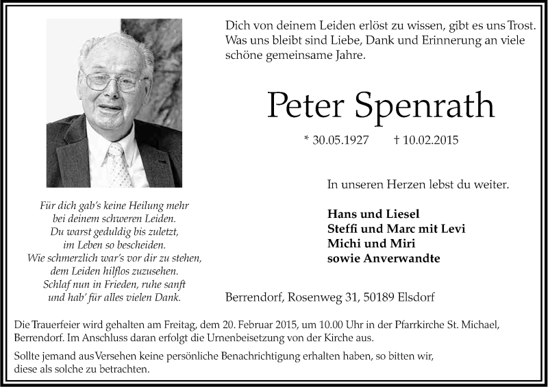  Traueranzeige für Peter Spenrath vom 14.02.2015 aus Kölner Stadt-Anzeiger / Kölnische Rundschau / Express