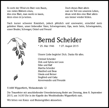 Anzeige von Bernd Scheider von Kölner Stadt-Anzeiger / Kölnische Rundschau / Express