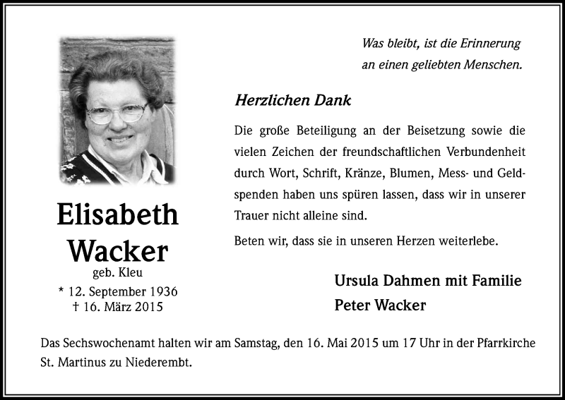  Traueranzeige für Elisabeth Wacker vom 14.05.2015 aus Kölner Stadt-Anzeiger / Kölnische Rundschau / Express