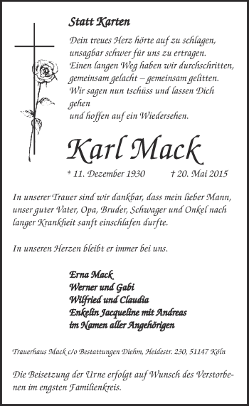 Anzeige von Karl Mack von  Kölner Wochenspiegel 