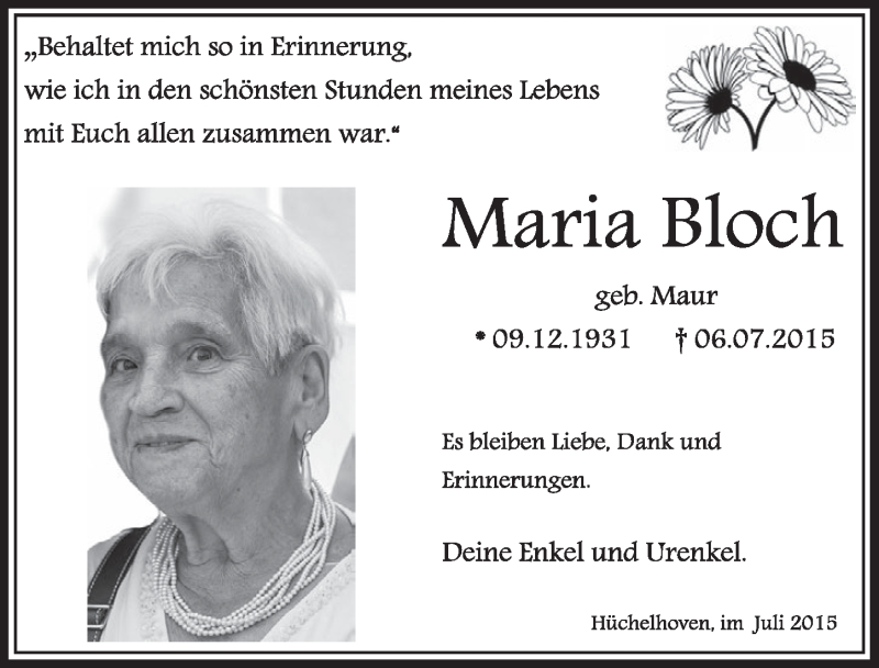  Traueranzeige für Maria Bloch vom 11.07.2015 aus  Sonntags-Post 