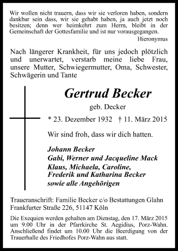 Anzeige von Gertrud Becker 