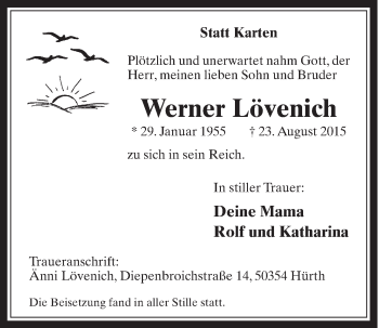 Anzeige von Werner Lövenich von  Wochenende  Schlossbote/Werbekurier 