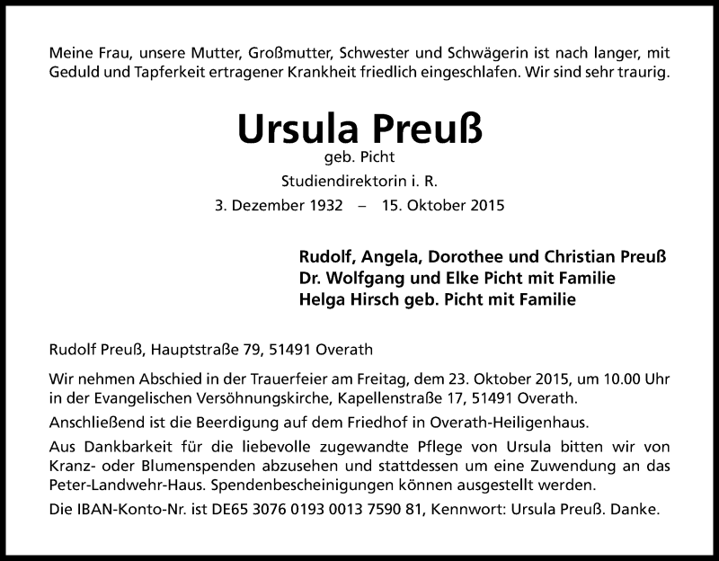  Traueranzeige für Ursula Preuß vom 20.10.2015 aus Kölner Stadt-Anzeiger / Kölnische Rundschau / Express