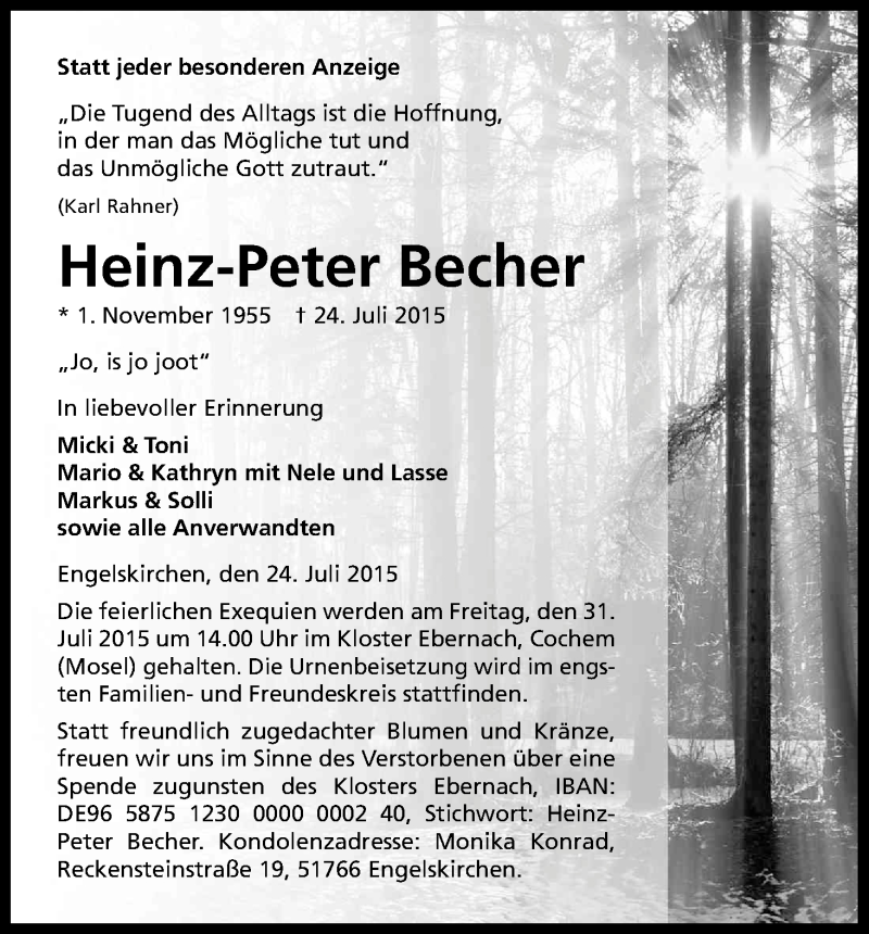  Traueranzeige für Heinz-Peter Becher vom 30.07.2015 aus Kölner Stadt-Anzeiger / Kölnische Rundschau / Express