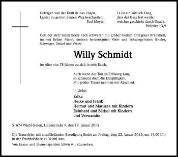 Anzeige von Willy Schmidt von Kölner Stadt-Anzeiger / Kölnische Rundschau / Express