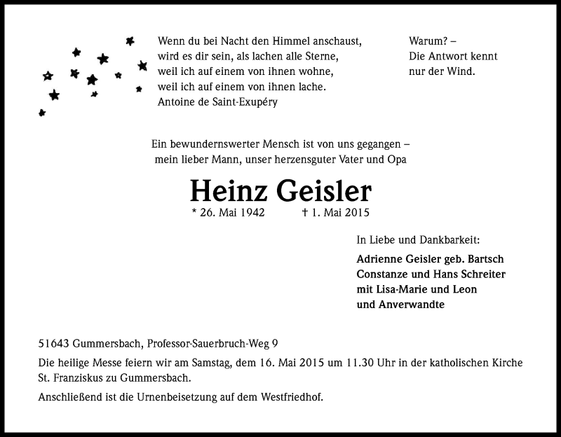  Traueranzeige für Heinz Geisler vom 06.05.2015 aus Kölner Stadt-Anzeiger / Kölnische Rundschau / Express