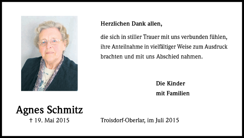  Traueranzeige für Agnes Schmitz vom 04.07.2015 aus Kölner Stadt-Anzeiger / Kölnische Rundschau / Express