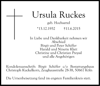 Anzeige von Ursula Ruckes von Kölner Stadt-Anzeiger / Kölnische Rundschau / Express