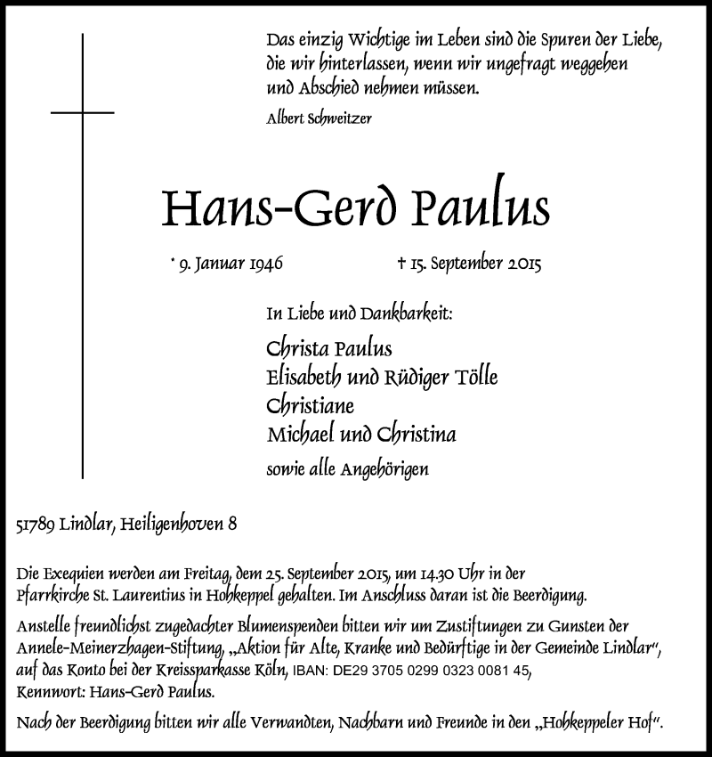  Traueranzeige für Hans-Gerd Paulus vom 19.09.2015 aus Kölner Stadt-Anzeiger / Kölnische Rundschau / Express