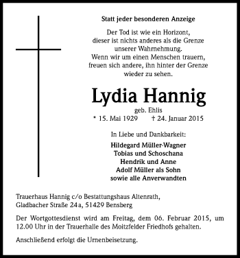 Anzeige von Lydia Hannig von Kölner Stadt-Anzeiger / Kölnische Rundschau / Express