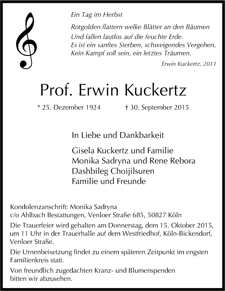  Traueranzeige für Erwin  Kuckertz vom 10.10.2015 aus Kölner Stadt-Anzeiger / Kölnische Rundschau / Express