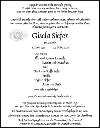 Anzeige von Gisela Siefer von Kölner Stadt-Anzeiger / Kölnische Rundschau / Express