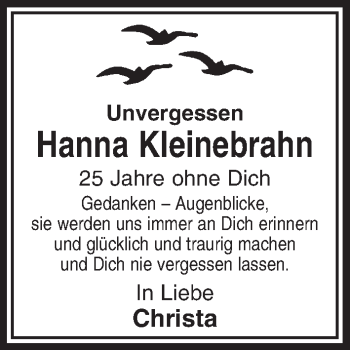 Anzeige von Hanna Kleinebrahn von  Bergisches Sonntagsblatt 
