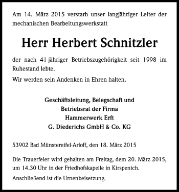 Anzeige von Herbert Schnitzler von Kölner Stadt-Anzeiger / Kölnische Rundschau / Express