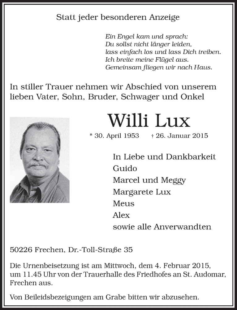  Traueranzeige für Willi Lux vom 31.01.2015 aus  Sonntags-Post 